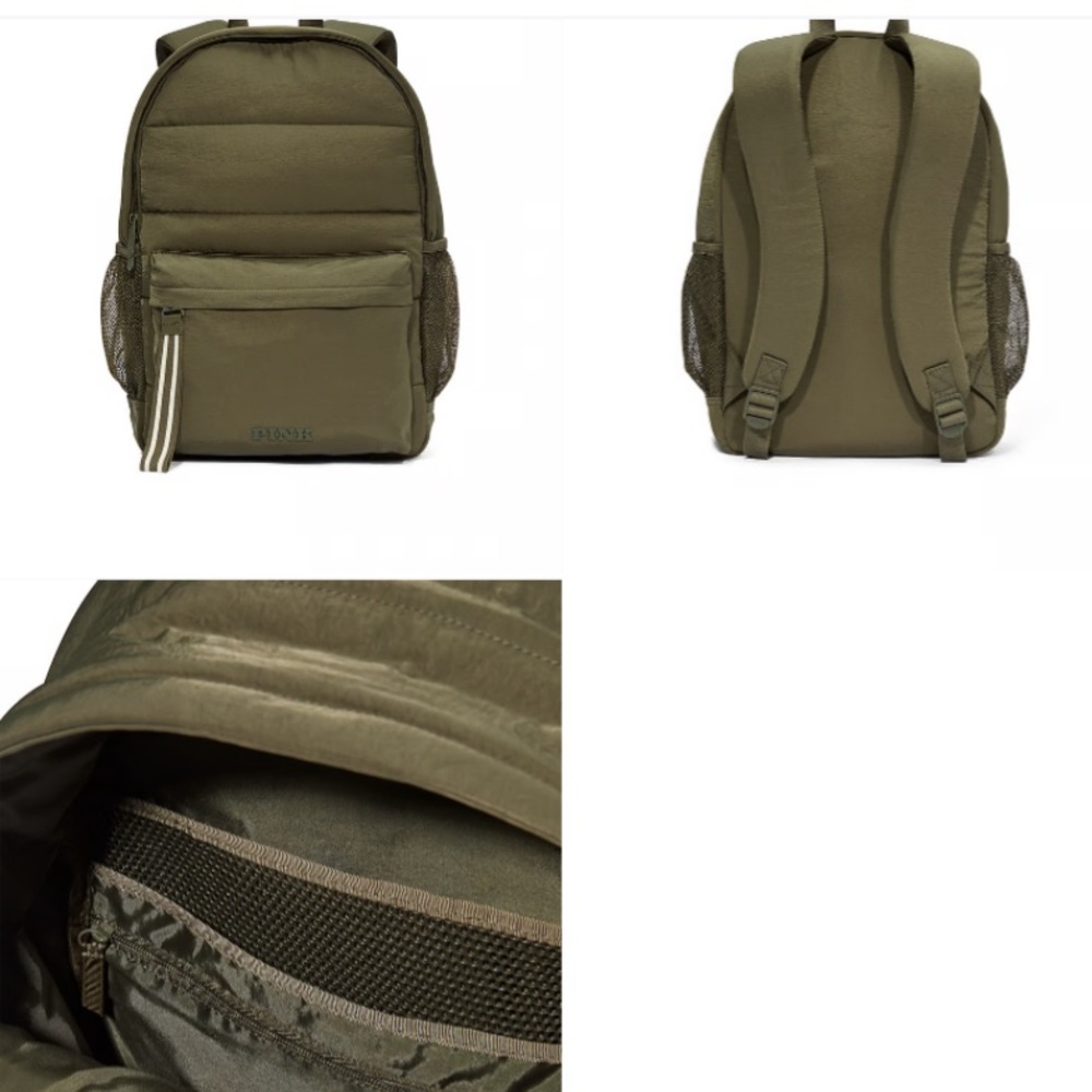 pink olive green puffer backpack